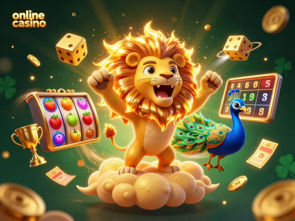 Descubre el emocionante mundo de los casinos online con esta ilustración vibrante que muestra un león y dados dorados.