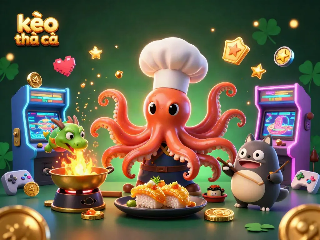 Engage with kèo nhà cái, featuring a vibrant 3D scene with characters and arcade-style gambling elements.
