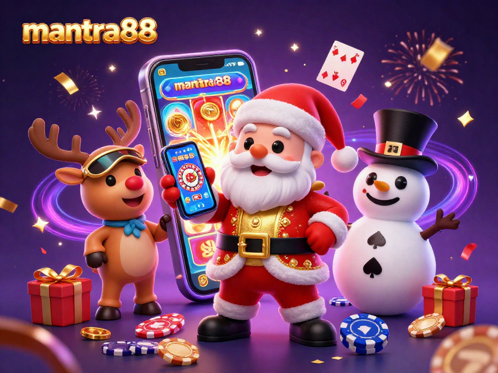 Engage with mantra88's exciting slots in a festive 3D illustration featuring Santa and friends.