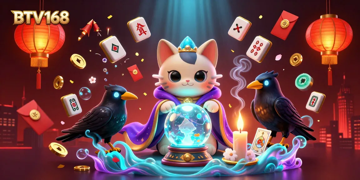 Experience the thrill of BTV168 with a mystic fortune teller cat and a tarot raven.