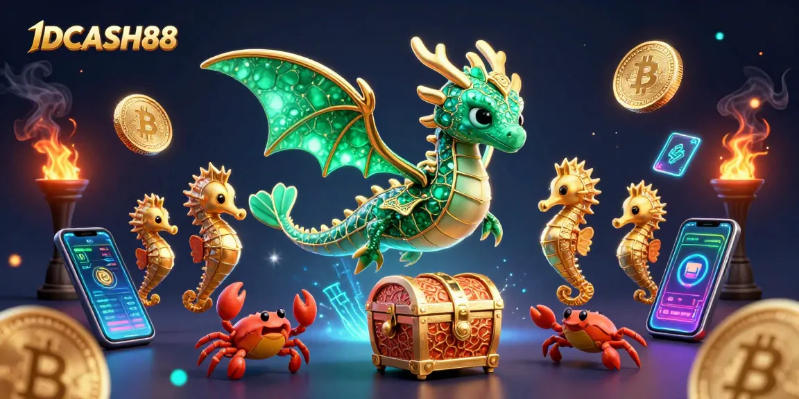 Spin to win with IDCASH88's vibrant 3D casino characters alongside cryptocurrency elements.