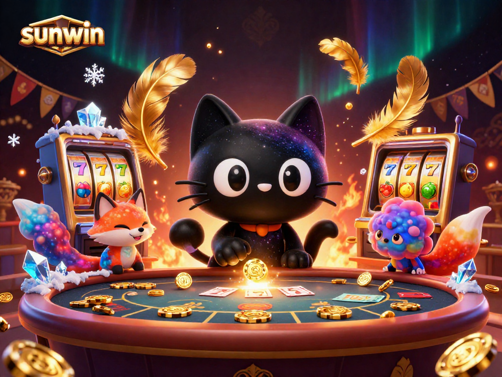 Engage in the vibrancy of Sunwin with a captivating cosmic casino scene featuring a black hole cat and gas fox.