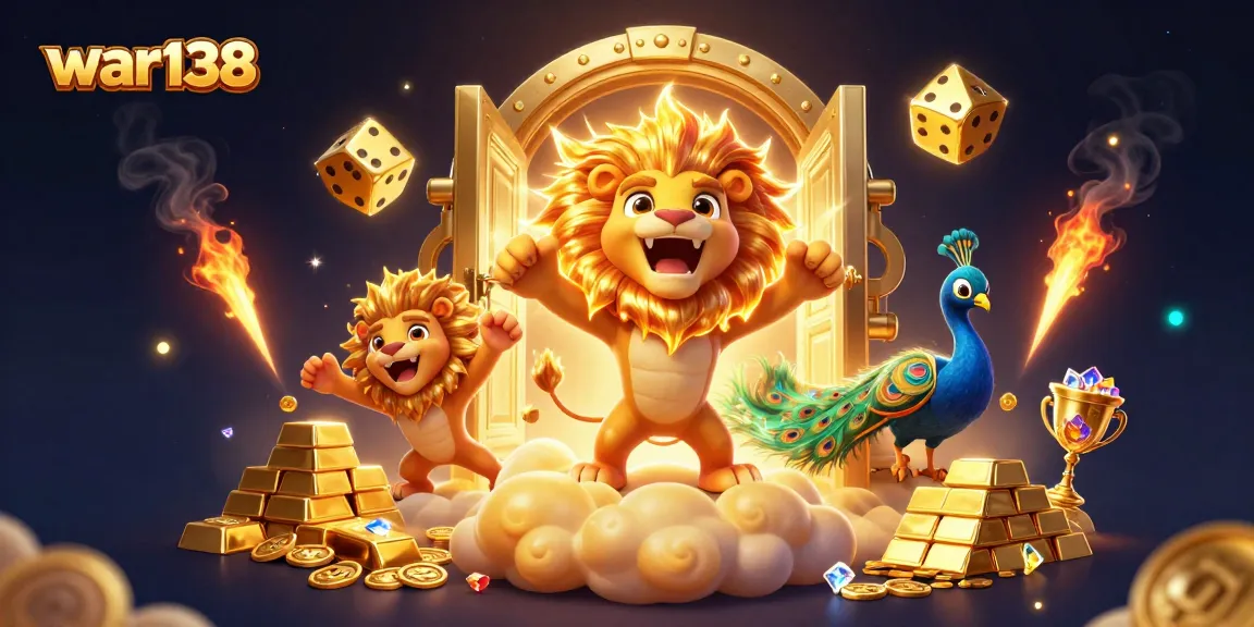 Experience thrilling gameplay on war138 with a majestic lion surrounded by golden treasures and vibrant casino elements.