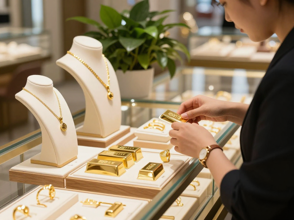 mantra88 gold jewelry display with 24K items in a luxurious store setting