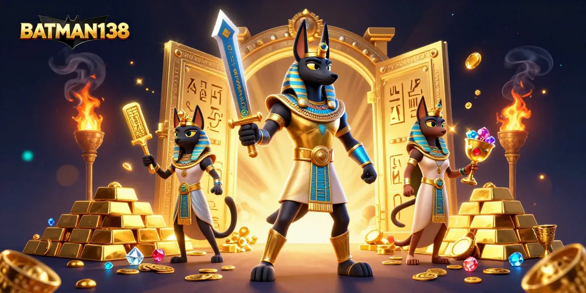 Bermain slot seru di BATMAN138 dengan Anubis dan Bastet dikelilingi harta karun.
