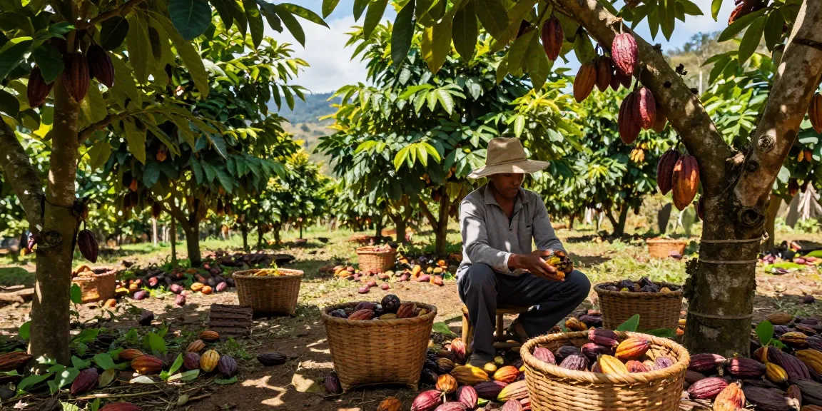 Cocoa harvest showcasing m98 with vibrant pods in a lush plantation.