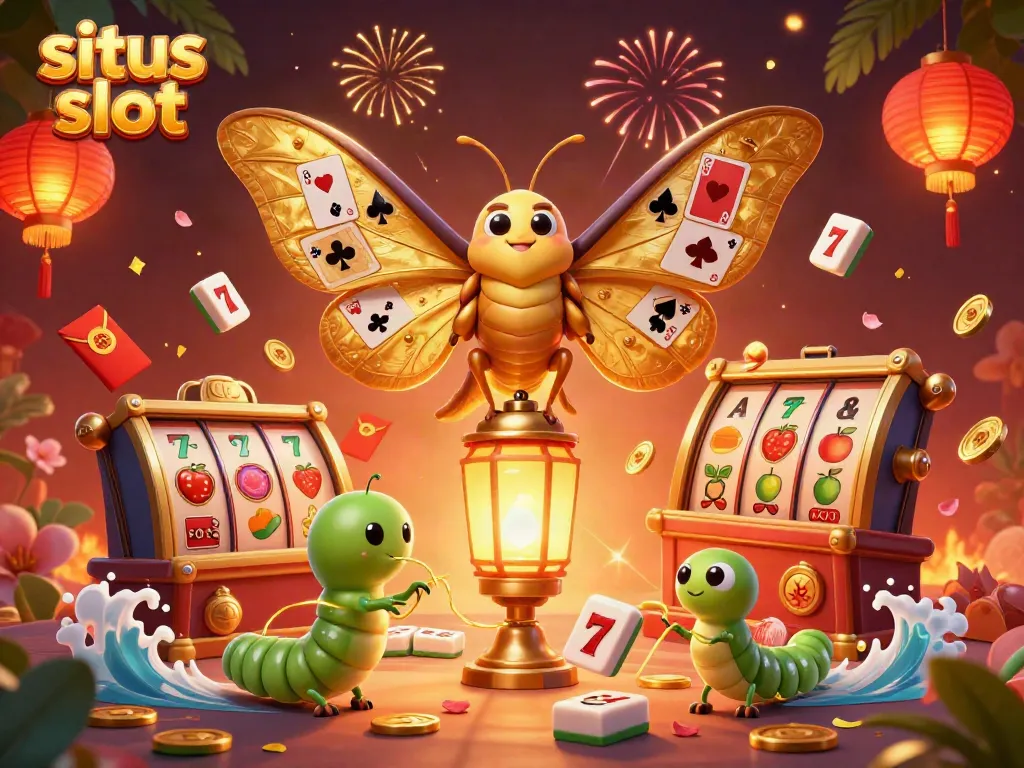 Engage with situs slot as 3D elements unfold, showcasing vibrant slot machines and a colorful moth.