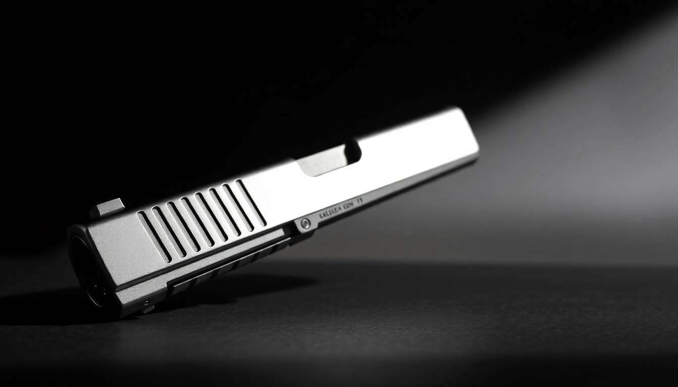 Display a glock 17 gen 5 slide showcasing its design and premium finish in a dramatic lighting setup.