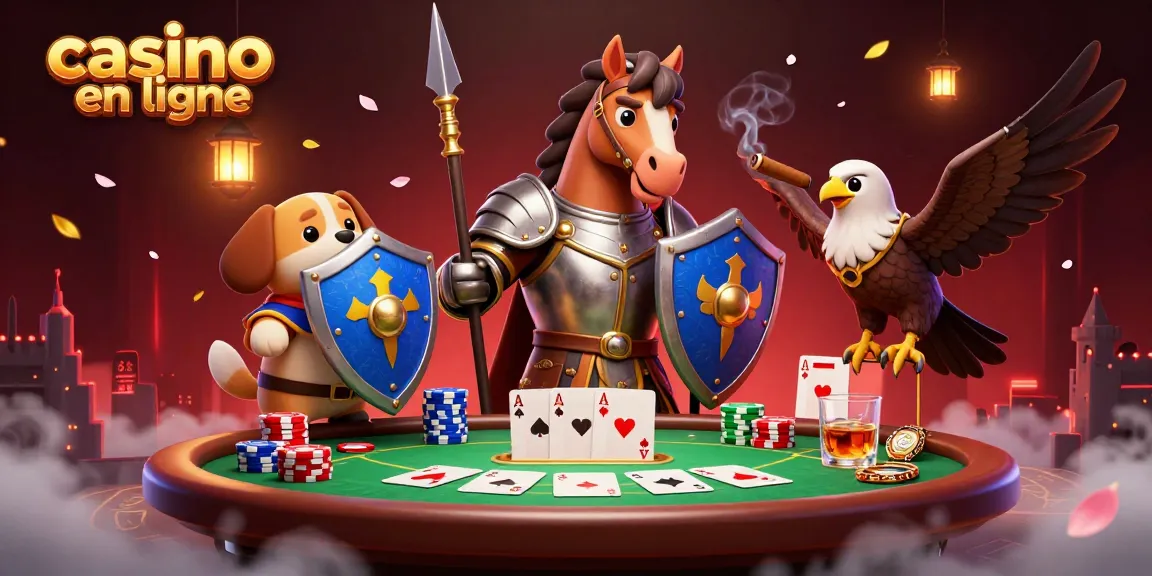 Illustration de casino en ligne avec un chevalier médiéval, un chiot et un faucon jouant au poker.