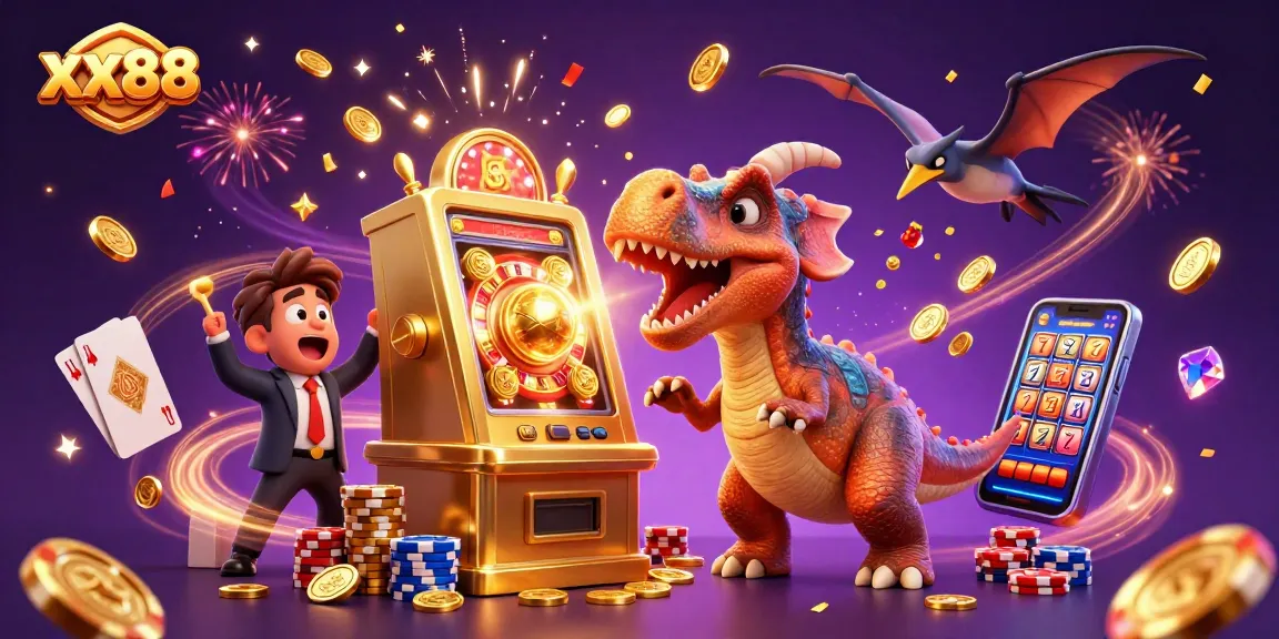Experience the vibrancy of xx88 with a dinosaur-themed casino jackpot scene showcasing excitement and rewards.