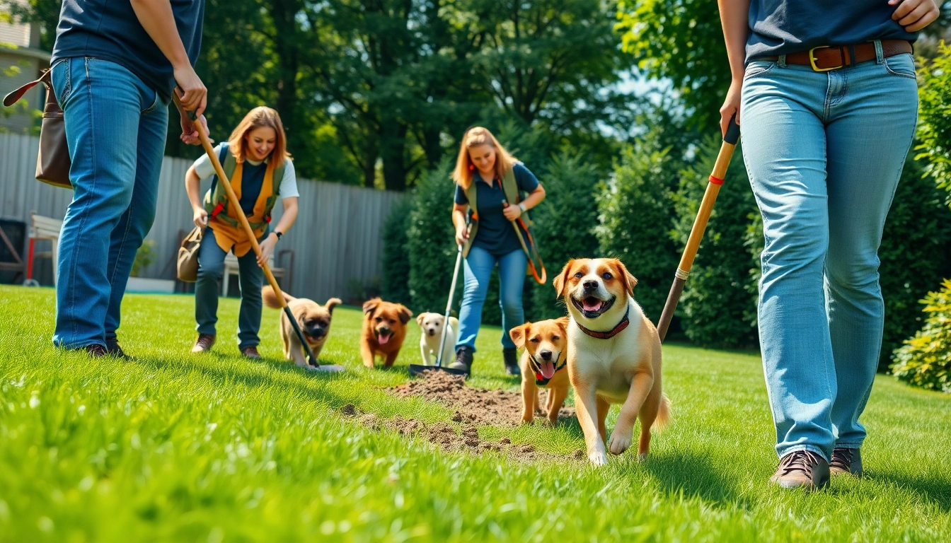 Dog poop cleanup service team expertly cleaning up a yard, ensuring a safe environment for pets.