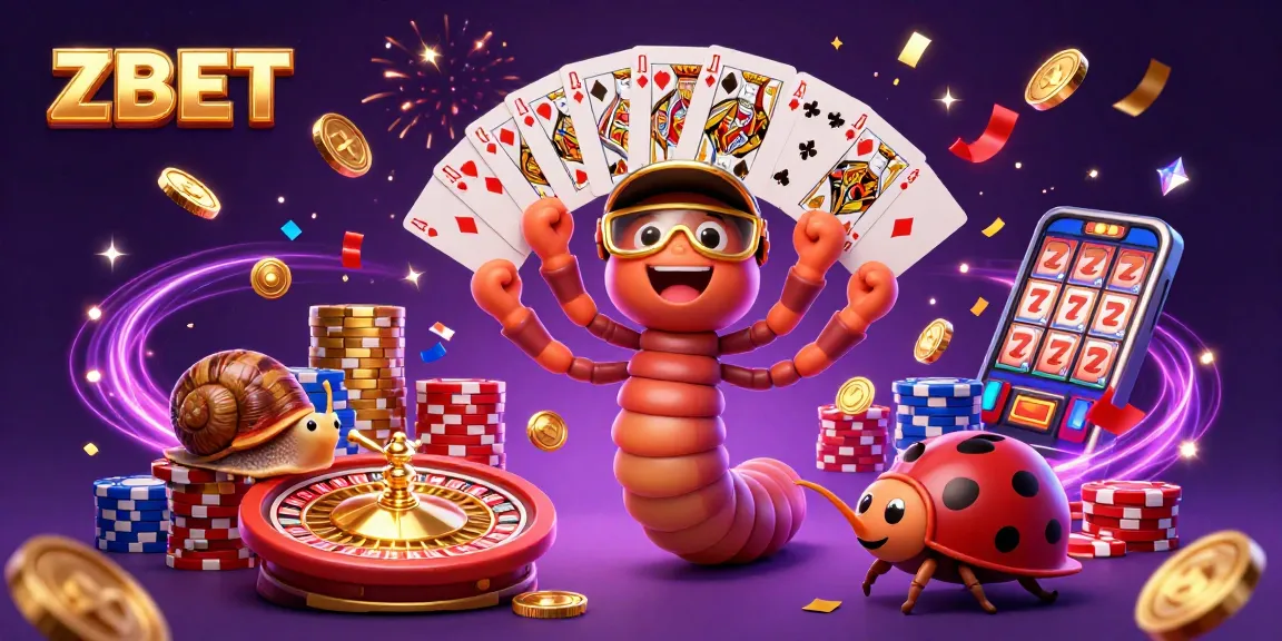 ZBET features a cartoon millipede dealer and high-roller snail amidst casino action and excitement.