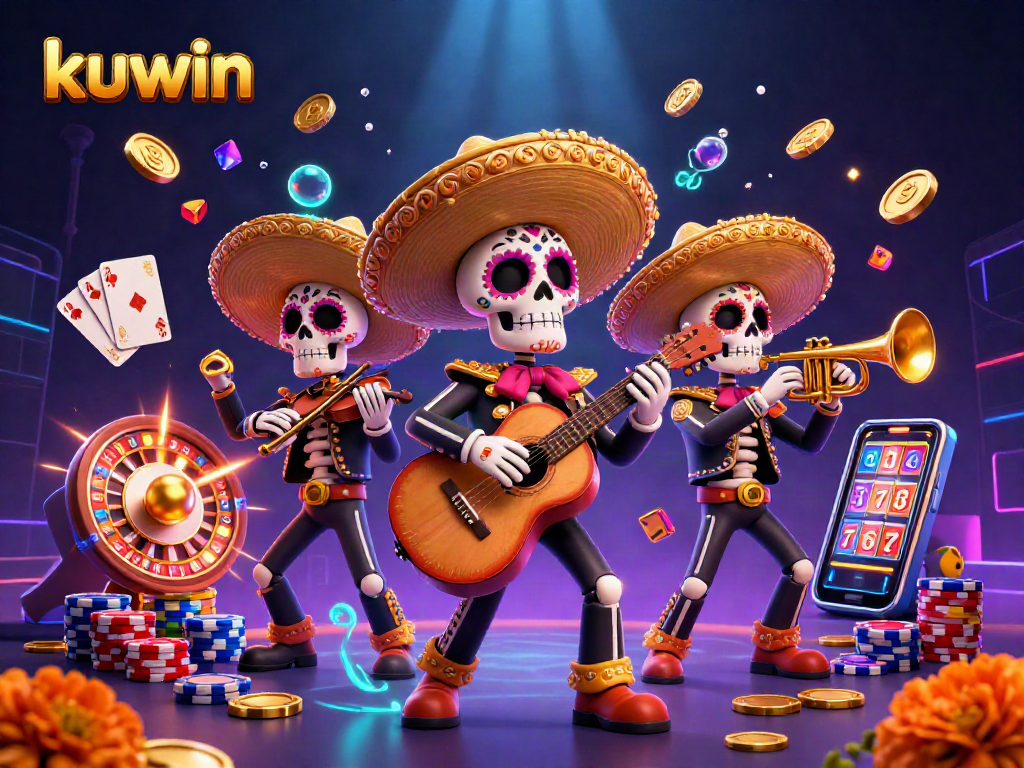 Kuwin's festive mariachi scene with colorful characters playing music amidst casino games and riches.