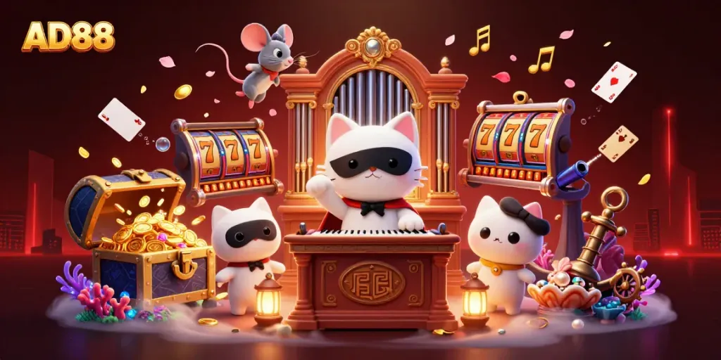 Engage in thrilling gameplay at AD88, highlighted by vibrant casino elements and animated characters.