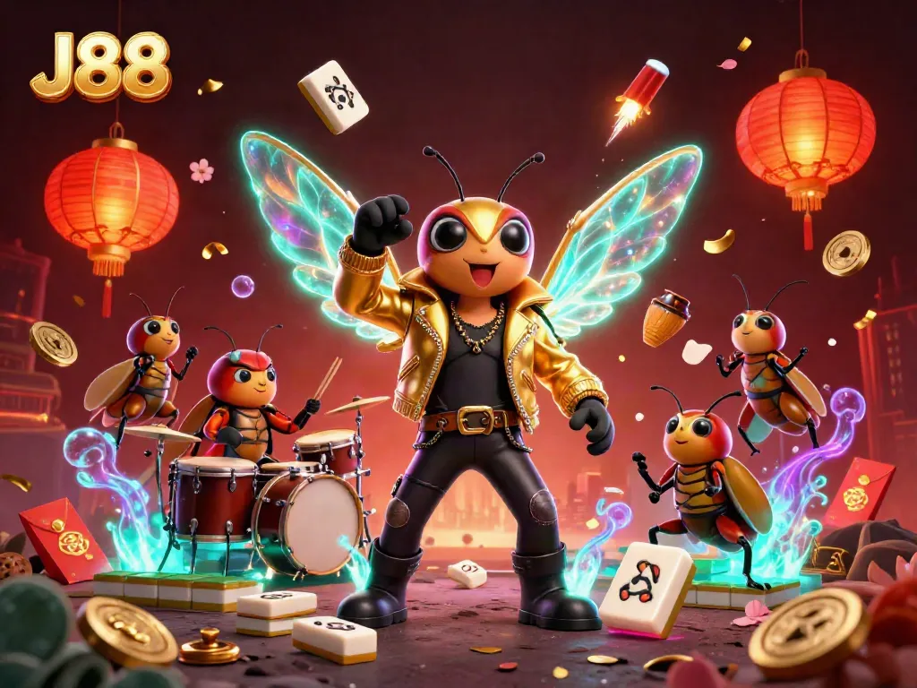 Join the vibrant J88 casino scene with a rock star cicada, glowing lanterns, and festive elements for exciting gameplay.