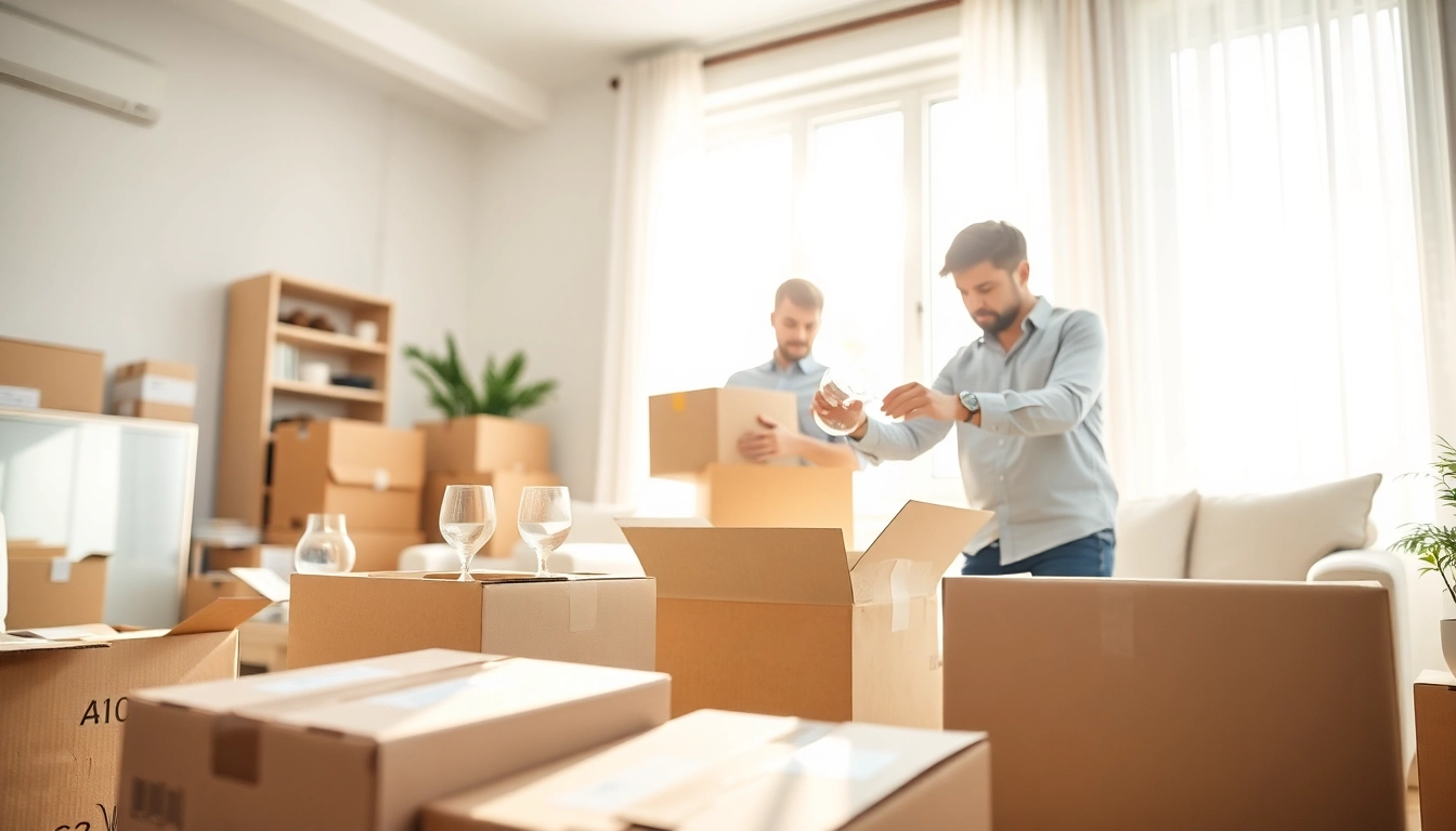 Professional Packing Services with movers skillfully organizing and packing fragile items.