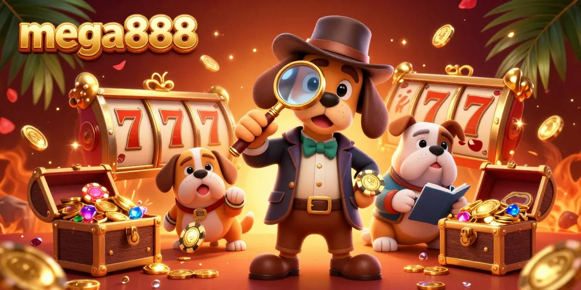 Experience the thrill of mega888 with a detective and bulldog unraveling casino treasures.