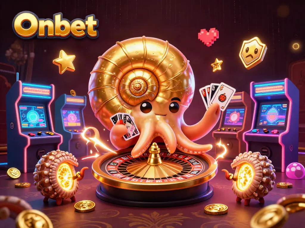 Join the fun at Onbet with a vibrant casino scene featuring a giant nautilus and glowing game elements.