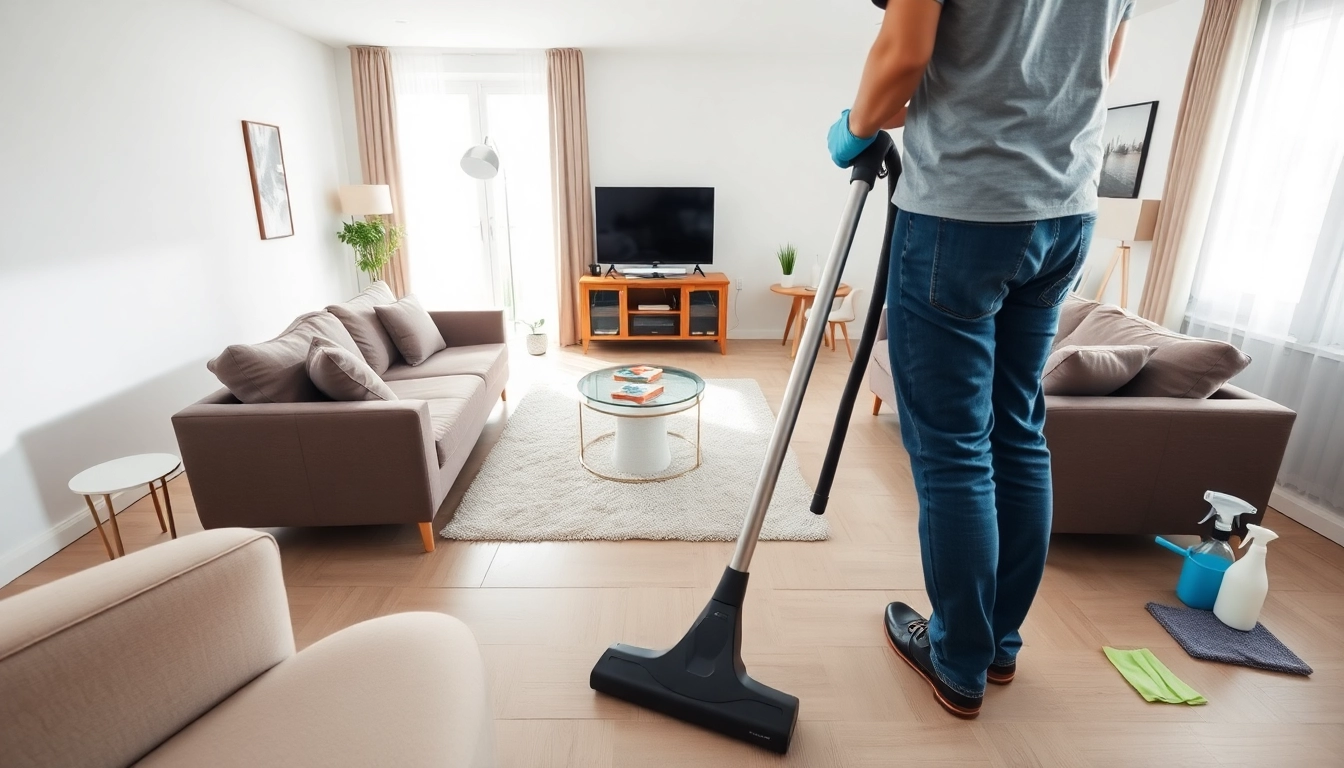 Bond cleaning service in a spotless living room with a professional cleaner at work.
