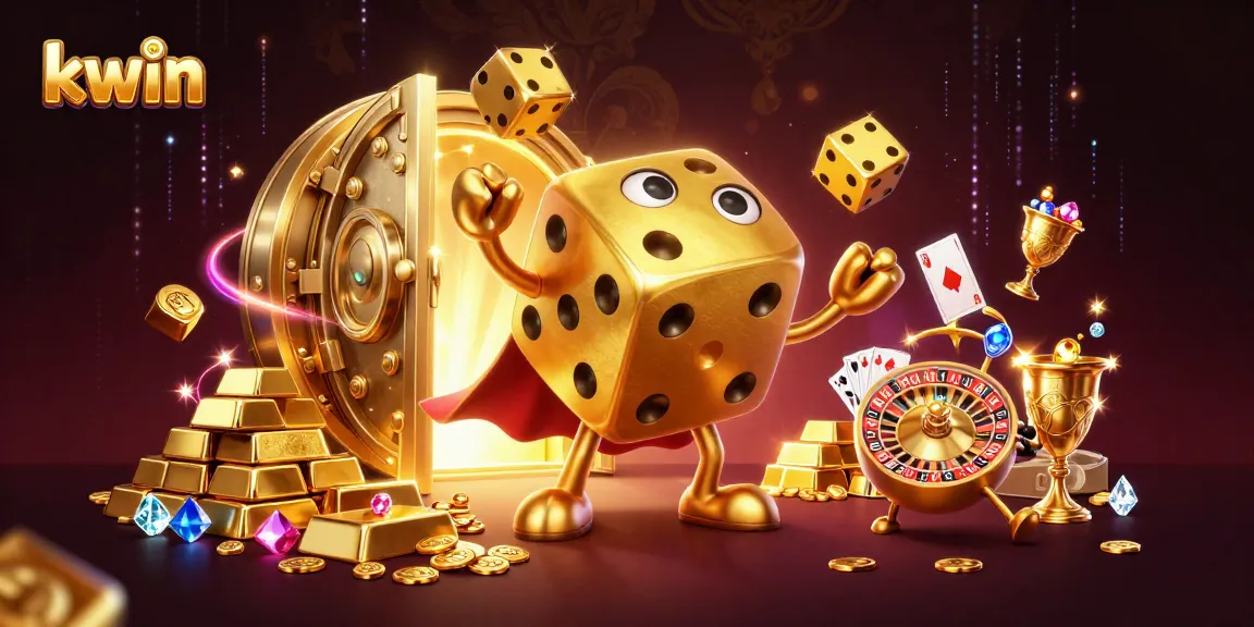 Kwin promotes exciting gameplay with golden dice and treasures in this vibrant casino scene.