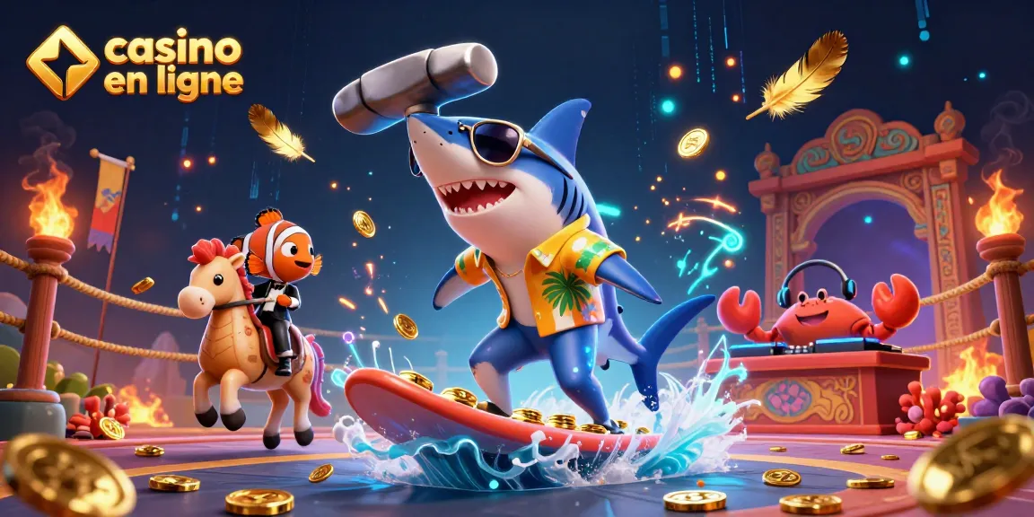 Plongez dans l'univers du casino en ligne avec un requin pilote vibrant sur une vague de pièces d'or.