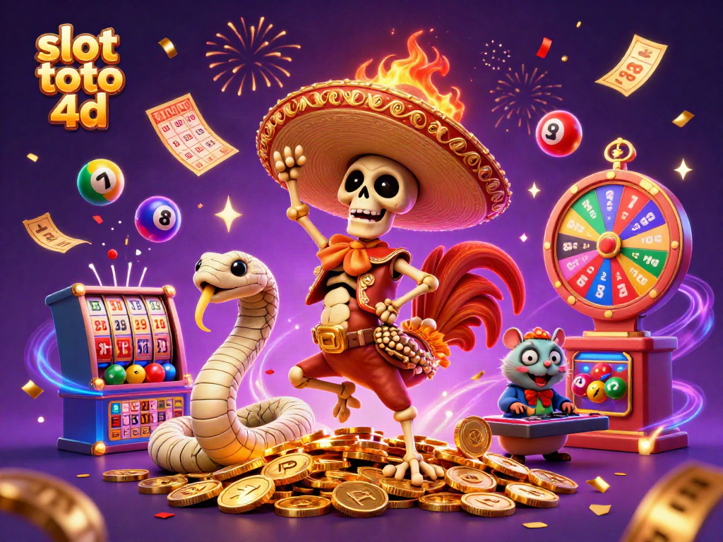 Spin and win with slot toto 4d in this vibrant, dynamic casino scene with festive characters.