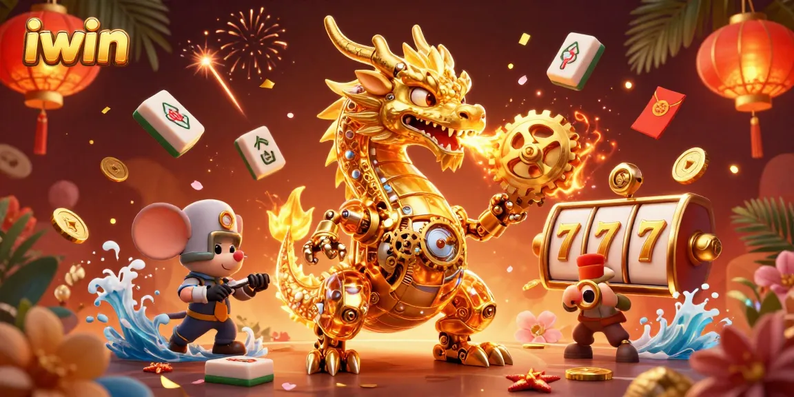 Experience thrilling gaming action with iwin's vibrant illustration featuring a golden dragon and dynamic casino elements.