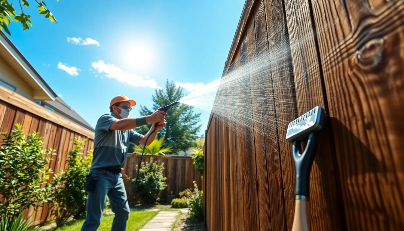 Fence Cleaning in progress by professionals applying a cleaning solution to a wooden fence.