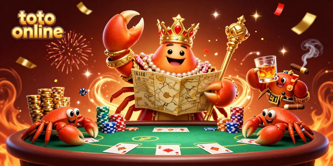Menangkan permainan kartu di toto online dengan ilustrasi kepiting emas dan kerumunan koin emas.