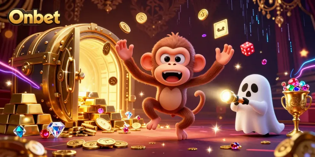 Experience the excitement of Onbet with a mischievous monkey juggling gold in a haunted casino.