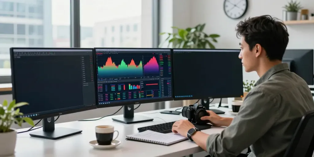 Trader using TradingView software in a modern office environment.