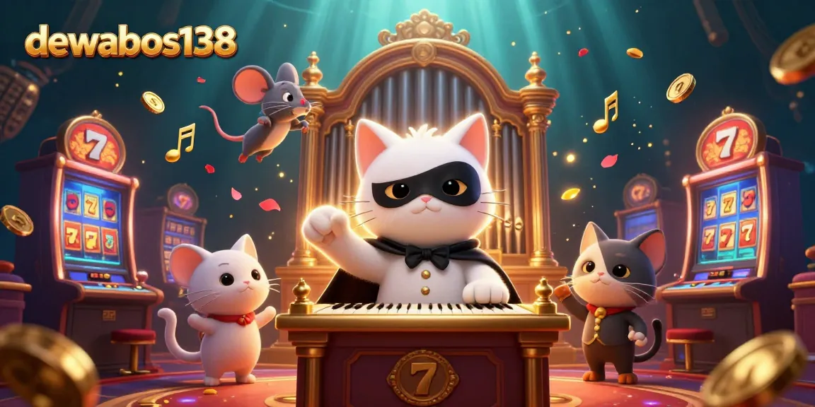 Experience excitement with dewabos138 in this vibrant casino scene featuring a whimsical phantom cat and bustling slot machines.