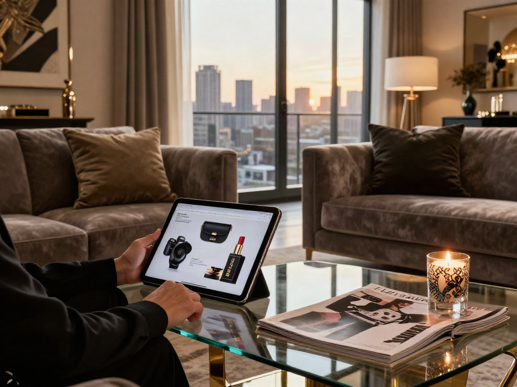 Gaya hidup mewah LUXURY111 di ruang tamu elegan dengan produk premium.