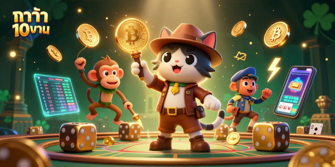 Experience บาคาร่า 10 บาท with a daring cat and monkey at a unique casino discovery, rich in vibrant details.