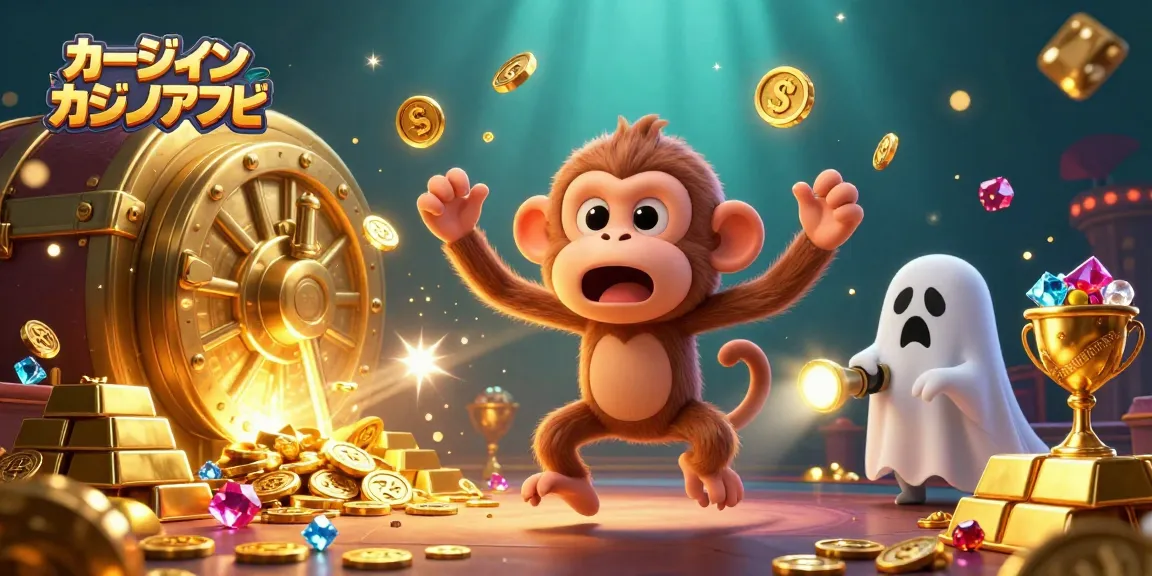 オンラインカジノアプリの中で、ポルターガイストの猿が金貨やカードをジャグリングしているシーン。