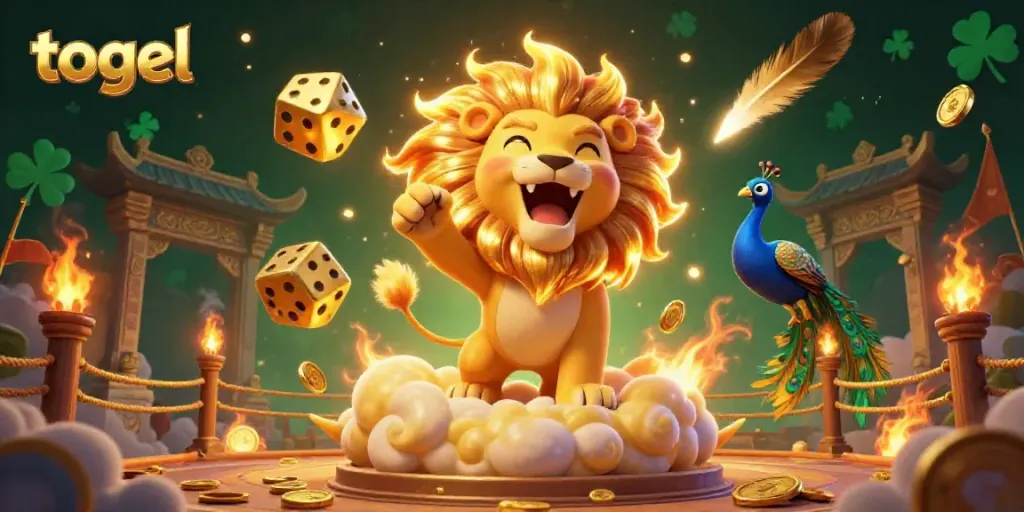 Engaging togel scene with a roaring sun lion, golden dice, and peacock amidst golden clouds and casino elements.
