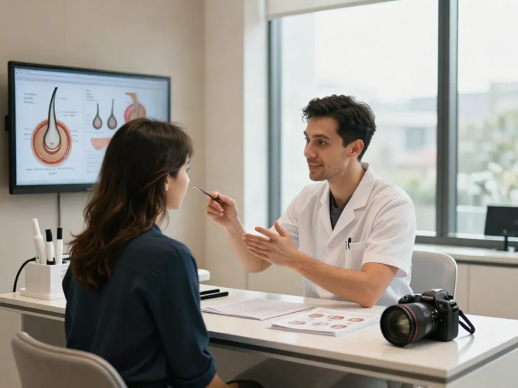 Hair transplant consultation scene featuring a surgeon explaining options to a patient in a modern clinic.