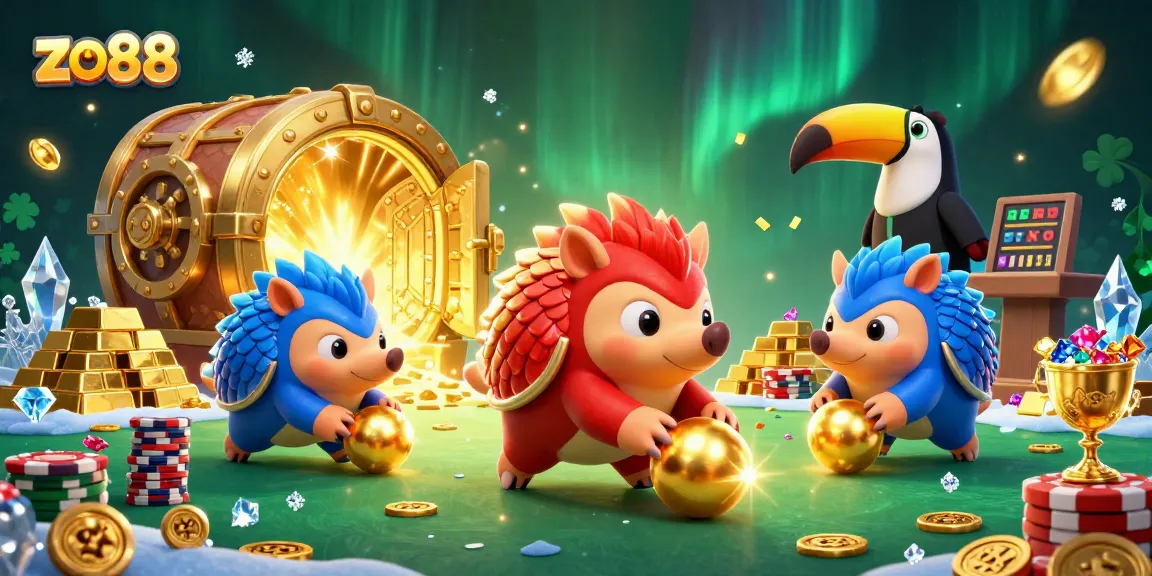 Engage with zo88's thrilling casino experience through fun pangolin characters and poker chips.