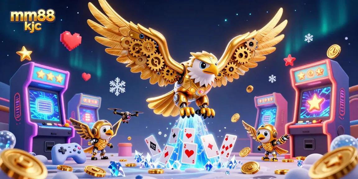 Experience the thrill of playing at mm88 kjc, featuring a vibrant casino scene with a golden eagle and gaming elements.
