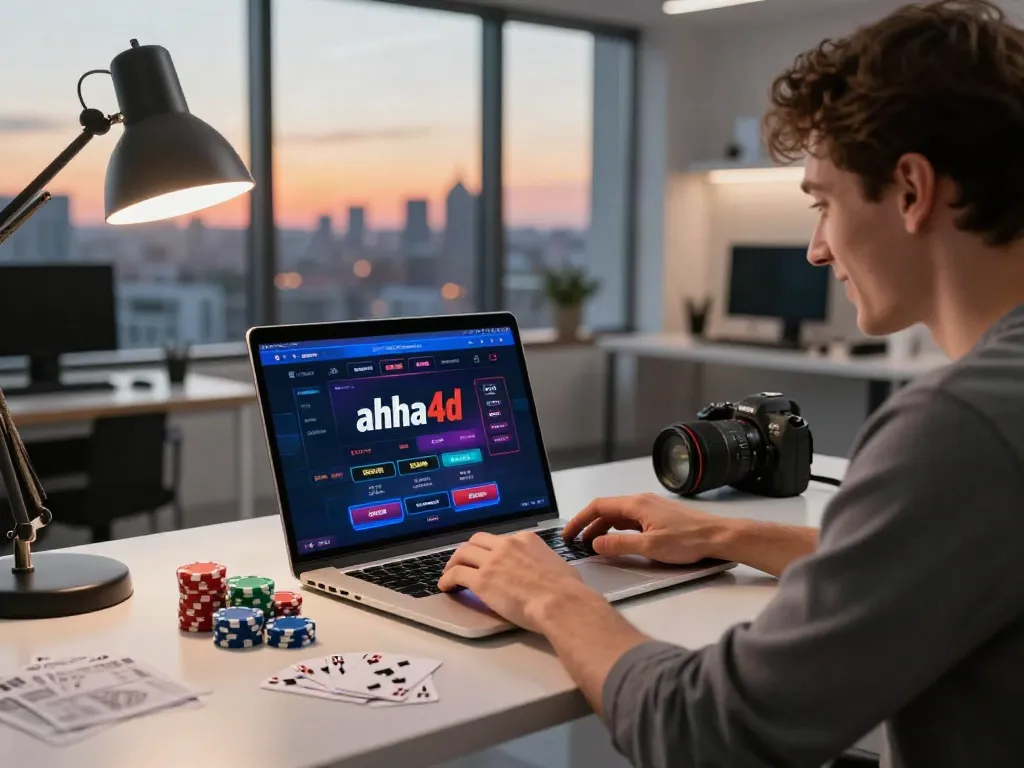 Engaged user interacting with the ahha4d online gambling platform on a laptop in a modern office.