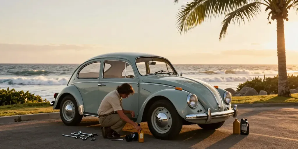 http://www.aircooledapps.com classic Volkswagen air-cooled vehicle maintenance at sunset