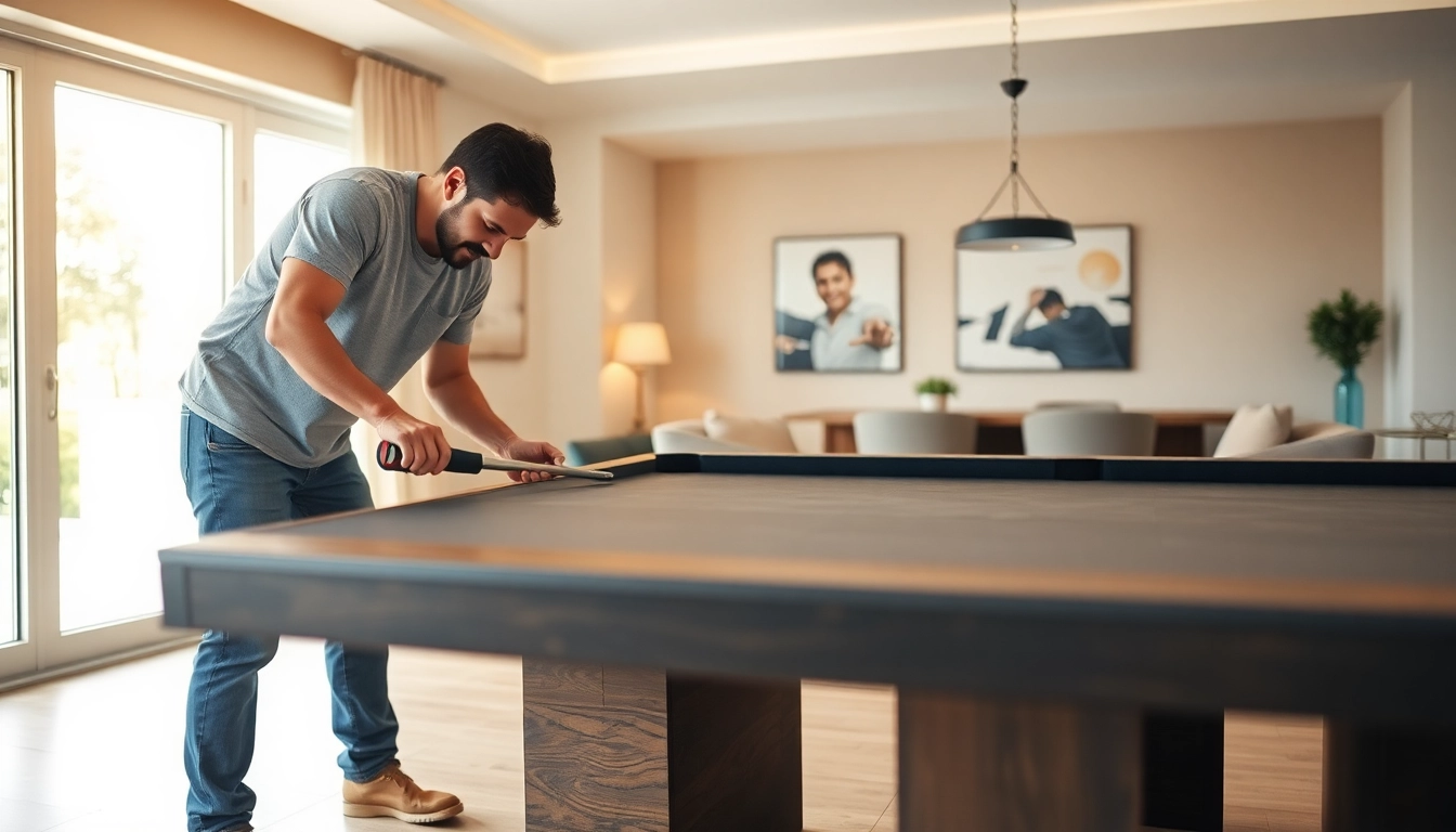 Pool table mover expertly disassembling a slate pool table in a modern home.