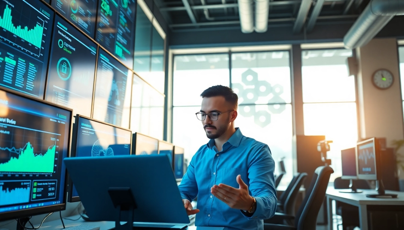 Cyber essentials assessor analyzing digital data in a modern office setting.
