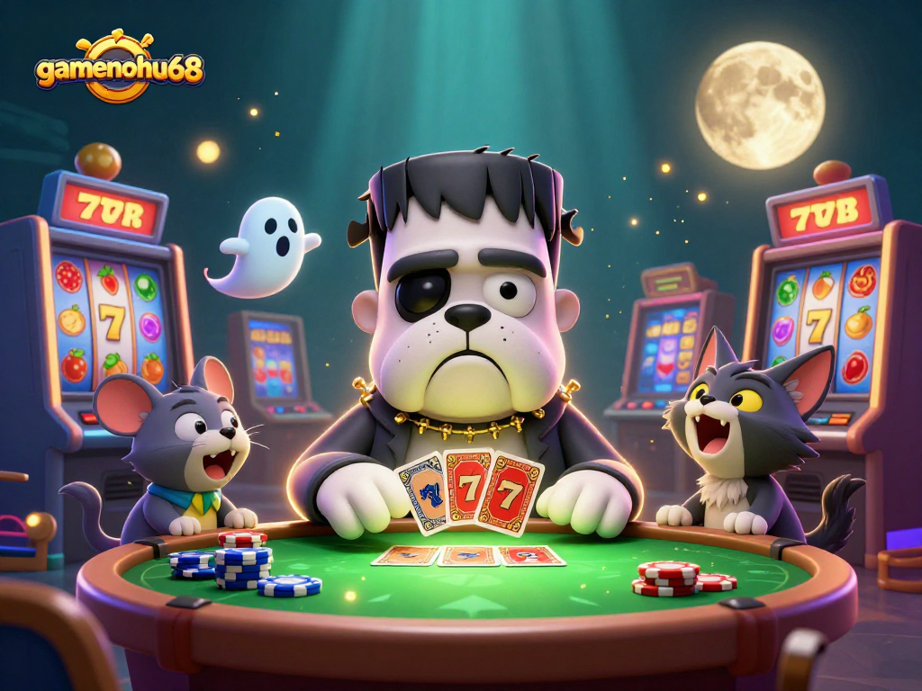 Experience gamenohu68 with a whimsical 3D illustration of a Frankenstein bulldog dealer amidst vibrant slot machines.