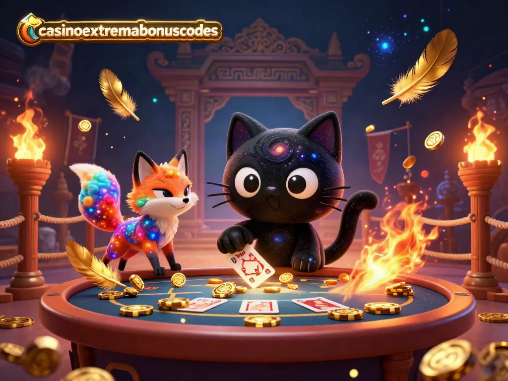 Engage with casinoextremebonuscodes through a vibrant cosmic scene of a black hole cat at a casino.
