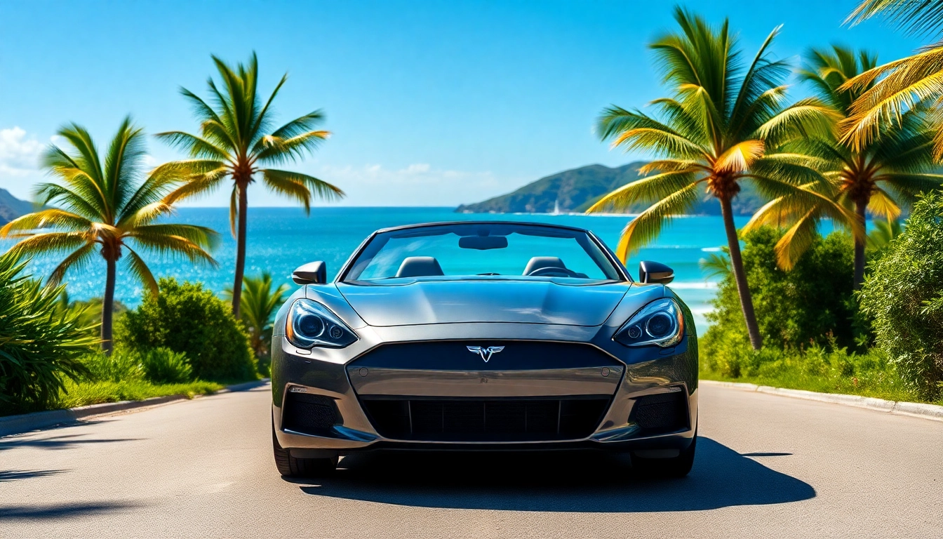 Capture the charm of St. Barth with a vibrant scenery of a convertible, representing rent a car st barth.