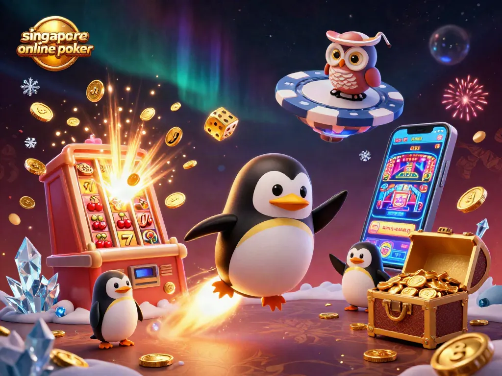Engage in singapore online poker with exhilarating gameplay illustrated by a golden penguin zooming through a casino galaxy.