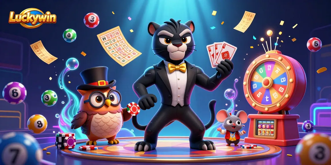 Experience vibrant gameplay with Luckywin as a stylish panther deals cards amidst dynamic casino elements.