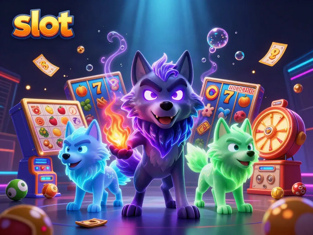 Engage with thrilling slot machines featuring vibrant graphics and ghostly wolves in a dynamic casino scene.