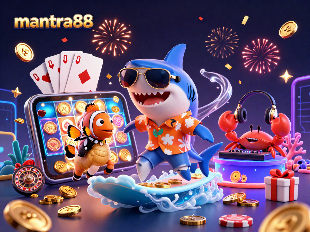 Experience thrilling moments with mantra88, showcasing vibrant casino characters celebrating amidst gold coins and games.